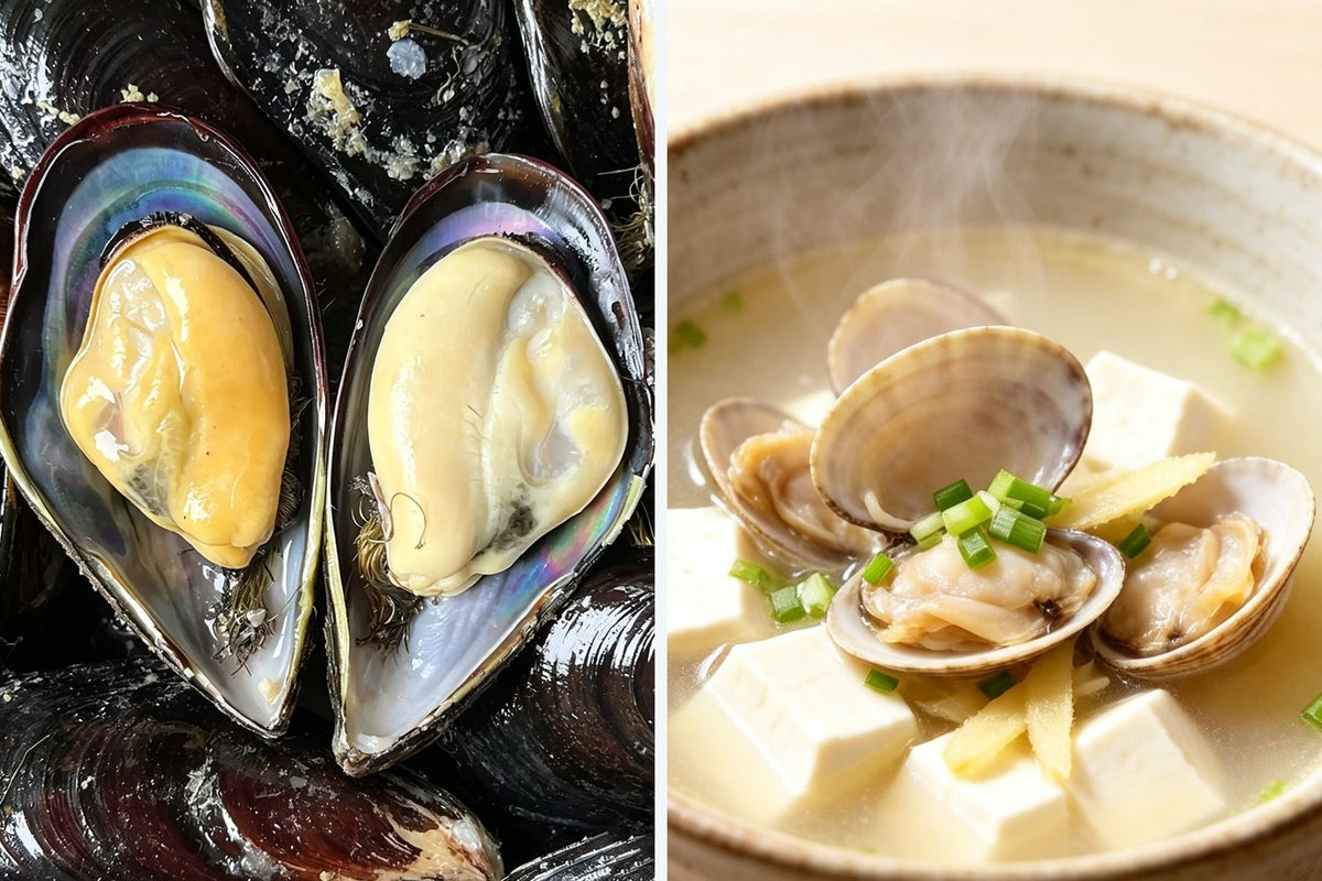 Fresh mussels and frozen clams