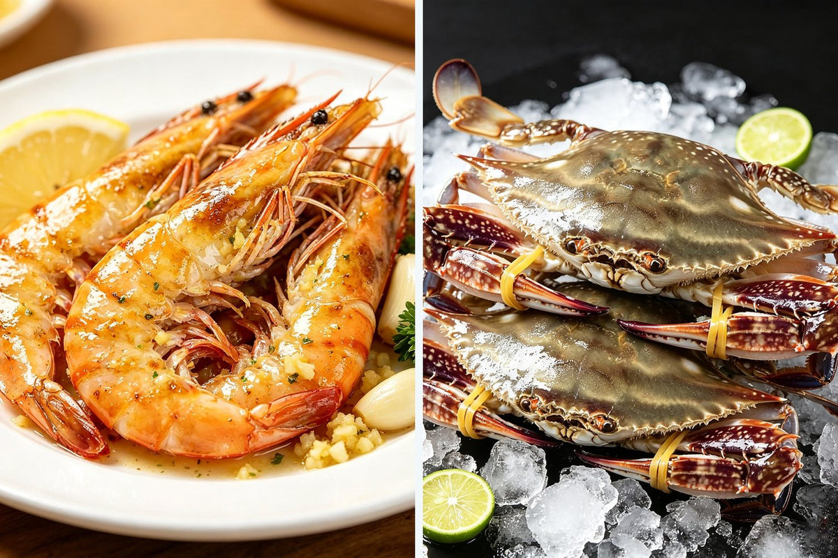 Frozen giant prawns and frozen swimming crab