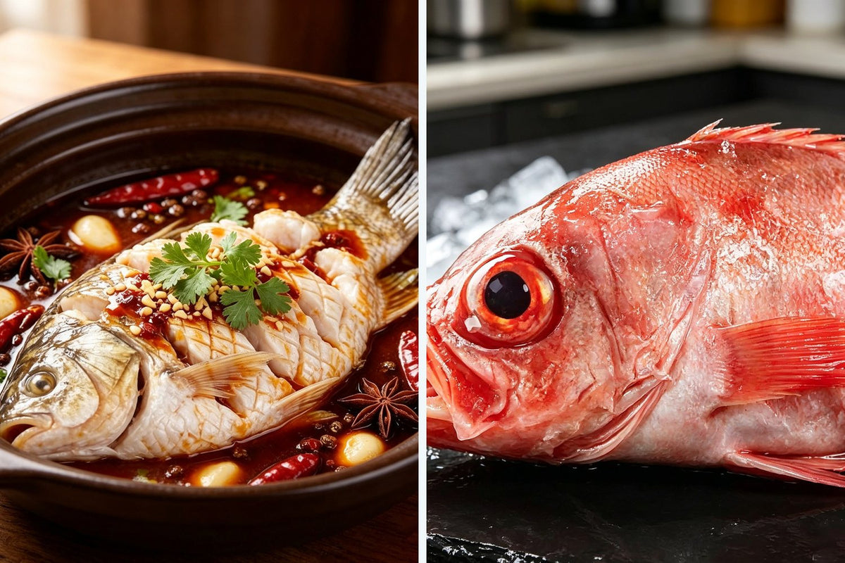 Frozen whole sea bass and frozen red rockfish